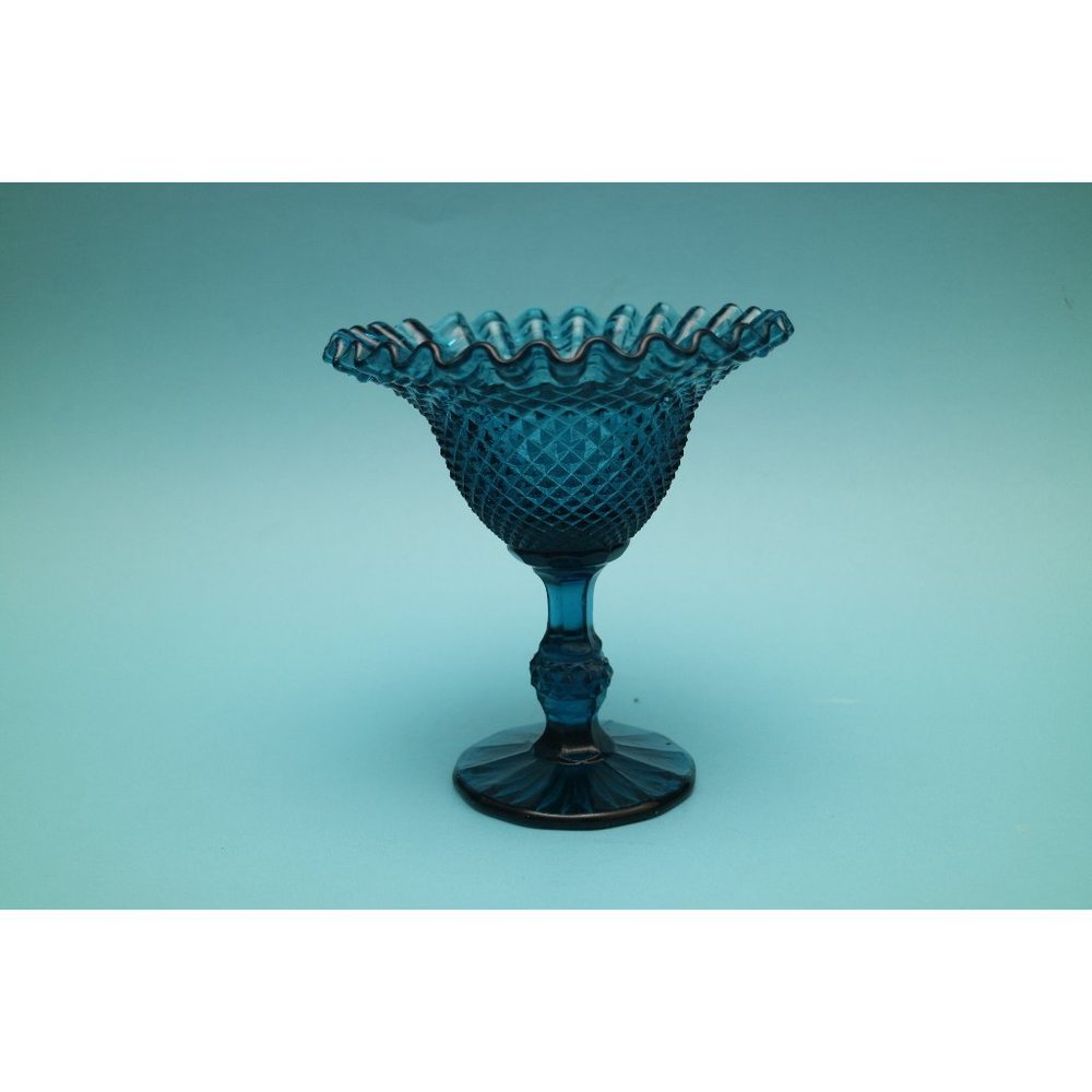 Vintage Blue Glass Pedestal Dish Crimped Ruffle Diamond Point Compote Candy Dish